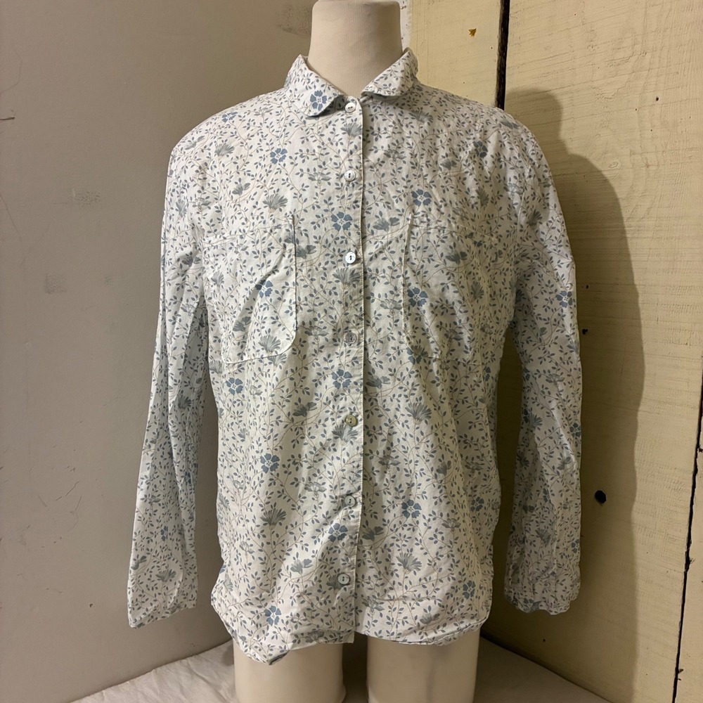 Coyuchi Womens Medium Organic Cotton Floral Button Up Shirt Blue White‎ Casual